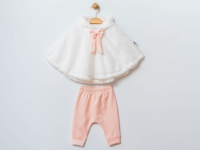 Toptan ELCİ BABY Peluş Bolerolu Üçlü Kız Bebe Takım PUDRA - Beniz Bebe