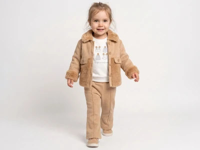 Toptan BEBLY Peluş Ceket 3'lü Kız Bebek Takım KAHVERENGİ - Beniz Bebe