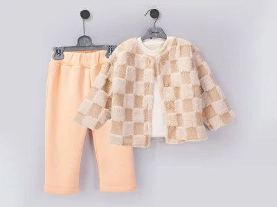 Toptan BEYAZ BEBEK Peluş Ceketli 3'lü Kız Bebek Takım PUDRA - Beniz Bebe