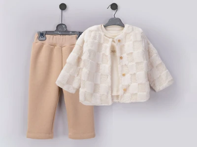 Toptan BEYAZ BEBEK Peluş Ceketli 3'lü Kız Bebek Takım BEJ - Beniz Bebe