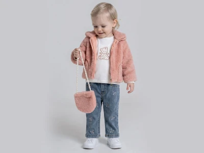 Toptan PAMPAL KİDS Peluş Ceketli Çantalı Üçlü Kız Takım PEMBE - Beniz Bebe