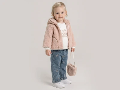 Toptan PAMPAL KİDS Peluş Ceketli Çantalı Üçlü Kız Takım PUDRA - Beniz Bebe