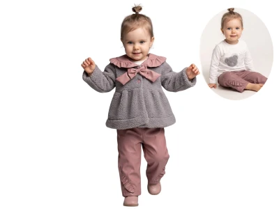 Toptan BEBLY Peluş Ceketli Fiyonklu Kız Bebe Üçlü Takım  - Toptan Çocuk Giyim Beniz Kids