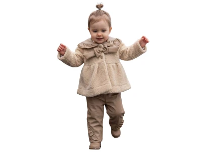 Toptan BEBLY Peluş Ceketli Fiyonklu Kız Bebe Üçlü Takım  KAHVERENGİ - Beniz Bebe