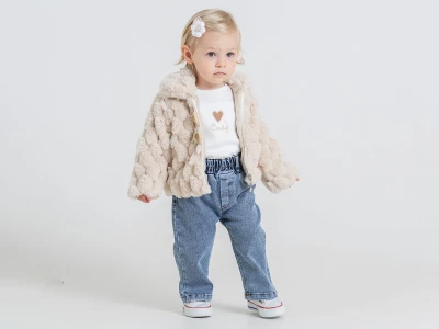 Toptan PAMPAL KİDS Peluş Ceketli Üçlü Kız Takım BEJ - Beniz Bebe
