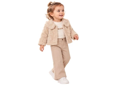 Toptan ECOLKIZ Peluş Ceketli Üçlü Kız Takım KAHVERENGİ - Beniz Bebe
