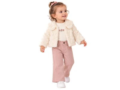 Toptan ECOLKIZ Peluş Ceketli Üçlü Kız Takım BEJ - Beniz Bebe