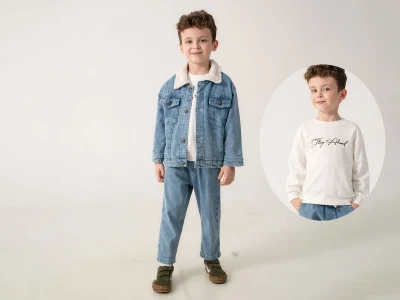 Toptan LESSOTTO Peluş Detaylı Kot Ceketli Üçlü Erkek Takım - Toptan Çocuk Giyim Beniz Kids