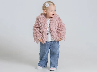 Toptan PAMPAL KİDS Peluş Tüylü Ceketli Üçlü Kız Takım PEMBE - Beniz Bebe