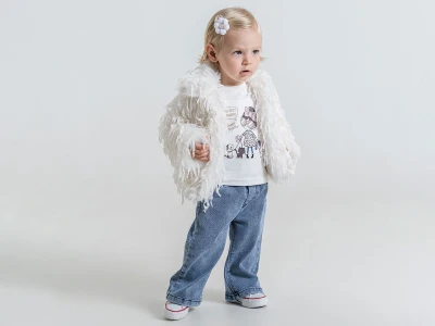 Toptan PAMPAL KİDS Peluş Tüylü Ceketli Üçlü Kız Takım BEYAZ - Beniz Bebe