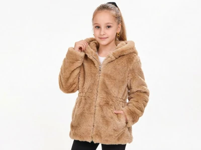 Toptan MARKAM PİNK kapşonlu Peluş Welsoft Kız Mont  Brown - Beniz Bebe