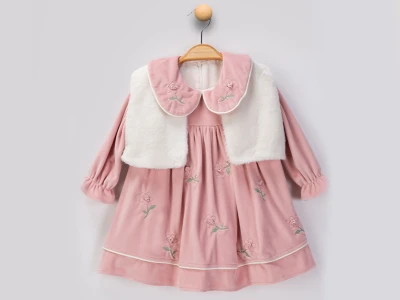 Toptan AYD KİDS Peluş Yelekli Çiçek Nakışlı Kadife Elbise Rose - Beniz Bebe