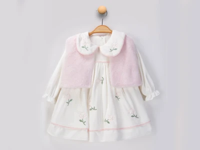 Toptan AYD KİDS Peluş Yelekli Çiçek Nakışlı Kadife Elbise White - Beniz Bebe