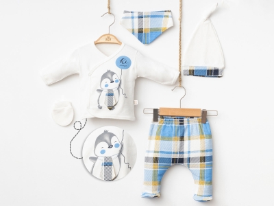 Toptan MİNİZEYN Penguen Baskılı Erkek  Bebe 5li Set BLUE - Beniz Bebe