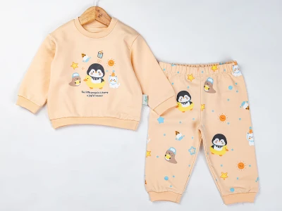 Toptan COMİX Penguen Baskılı Erkek Bebek Takım BEJ - Beniz Bebe