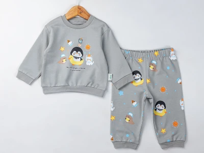 Toptan COMİX Penguen Baskılı Erkek Bebek Takım GRİ - Beniz Bebe