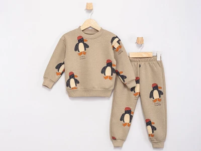 Toptan FEELY KİDS Penguen Desenli 3 İp Şardonlu Erkek Takım  BEJ - Beniz Bebe