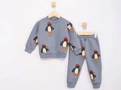 Toptan FEELY KİDS Penguen Desenli 3 İp Şardonlu Erkek Takım  GRİ - Beniz Bebe