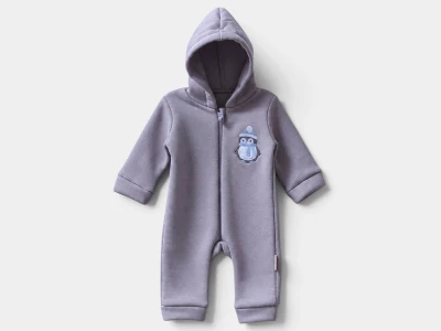 Toptan BAM-BİNO Penguen İşlemeli Şardonlu 3 İp Erkek Bebek Tulum GRİ - Beniz Bebe