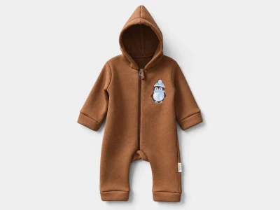 Toptan BAM-BİNO Penguen İşlemeli Şardonlu 3 İp Erkek Bebek Tulum KAHVERENGİ - Beniz Bebe