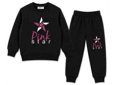 Toptan CMK Pink Star Baskılı 3 İp Şardonlu Kız Takım  SİYAH - Beniz Bebe