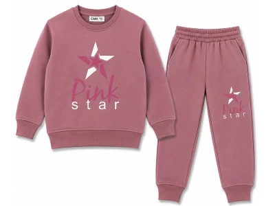 Toptan CMK Pink Star Baskılı 3 İp Şardonlu Kız Takım  VİŞNEÇÜRÜĞÜ - Beniz Bebe