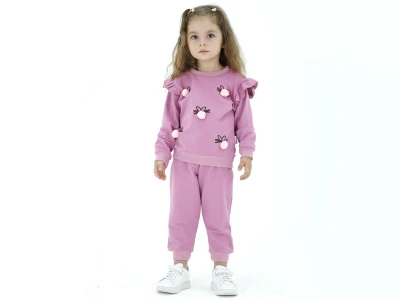 Toptan BICIR KİDS Ponpon İşlemeli Fırfırlı Kız Takım  LİLA - Beniz Bebe