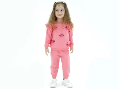 Toptan BICIR KİDS Ponpon İşlemeli Fırfırlı Kız Takım  PEMBE - Beniz Bebe