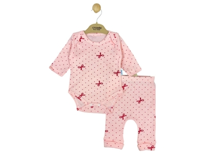 Toptan SÜPERMİNİ  Puan Desenli Kız Bebe Takım PUDRA - Beniz Bebe