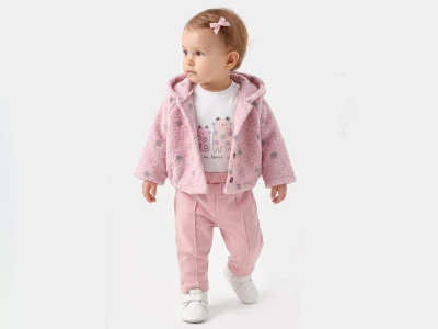 Toptan MİNİ BARAY Puan Desenli Peluş Ceketli Üçlü Kız Takım - Toptan Çocuk Giyim Beniz Kids
