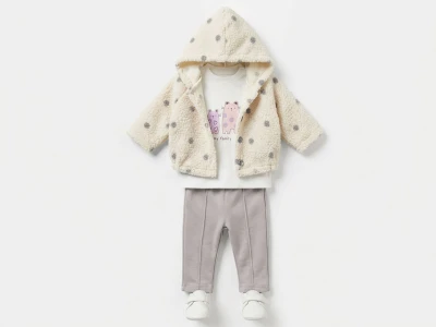 Toptan MİNİ BARAY Puan Desenli Peluş Ceketli Üçlü Kız Takım KREM - Beniz Bebe