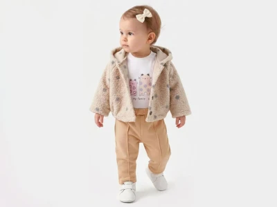 Toptan MİNİ BARAY Puan Desenli Peluş Ceketli Üçlü Kız Takım BEJ - Beniz Bebe