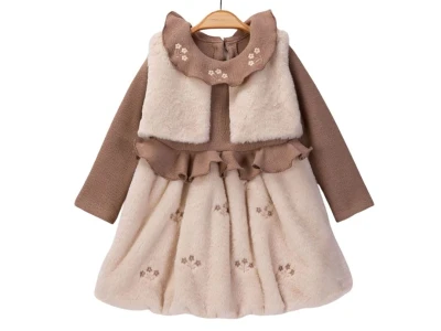 Toptan AYD KİDS Puluş Yelekli Kız Çocuk Elbise Brown - Beniz Bebe