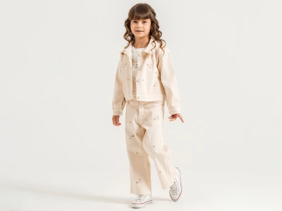 Toptan PAMPAL KİDS Queen Nakışlı Düğmeli Kot  Ceketli Kız Üçlü Takım  - Toptan Çocuk Giyim Beniz Kids
