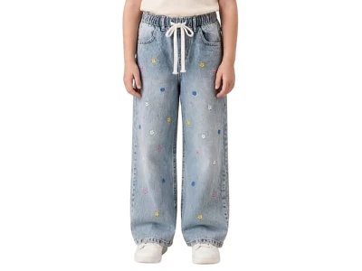Toptan SLM Renkli çiçek Detay Kız Çocuk Kot Pantolon - Toptan Çocuk Giyim Beniz Kids