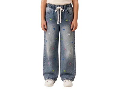 Toptan SLM Renkli çiçek Detay Kız Çocuk Kot Pantolon - Toptan Çocuk Giyim Beniz Kids