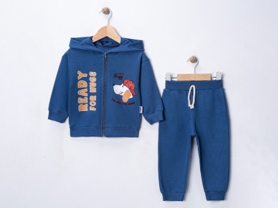 Toptan FERİX BABY Ruff Baskılı Erkek Bebe Takım الأزرق الداكن - Beniz Bebe