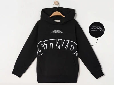 Toptan RUHAT KİDS STWD Baskılı Kanguru Cepli Kapşonlu 3 İp Şardonlu Erkek Sweat  Black - Beniz Bebe
