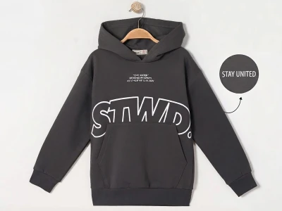 Toptan RUHAT KİDS STWD Baskılı Kanguru Cepli Kapşonlu 3 İp Şardonlu Erkek Sweat  Smoked - Beniz Bebe