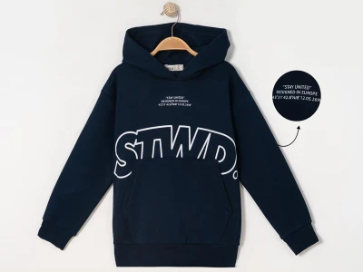 Toptan RUHAT KİDS STWD Baskılı Kanguru Cepli Kapşonlu 3 İp Şardonlu Erkek Sweat  Navy blue - Beniz Bebe