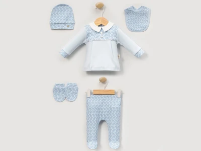 Toptan CAYZEN Şal Desenli Erkek Bebe Hastane Çıkışı 5'li Set  MAVİ - Beniz Bebe