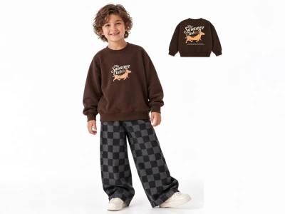 Toptan KİDS ROOM Sausage Baskılı Şardonsuz 3 İp Gabardin Altlı Erkek Takım KAHVERENGİ - Beniz Bebe