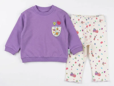 Toptan COMİX Şeker Baskılı Kız Bebek Takım LİLA - Beniz Bebe