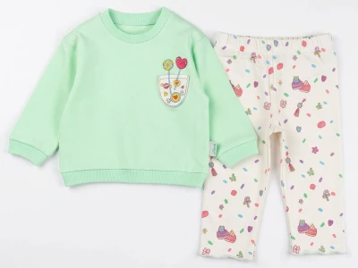 Toptan COMİX Şeker Baskılı Kız Bebek Takım YEŞİL - Beniz Bebe