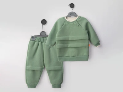 Toptan BEYAZ BEBEK Şerit Detaylı Şardonlu 3 İp Kız Bebek Takım YEŞİL - Beniz Bebe