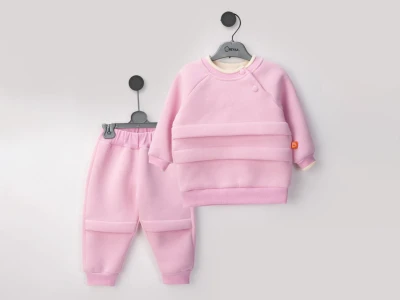 Toptan BEYAZ BEBEK Şerit Detaylı Şardonlu 3 İp Kız Bebek Takım PEMBE - Beniz Bebe