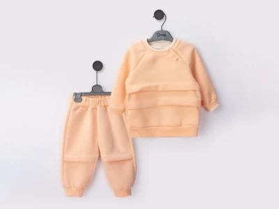 Toptan BEYAZ BEBEK Şerit Detaylı Şardonlu 3 İp Kız Bebek Takım PUDRA - Beniz Bebe