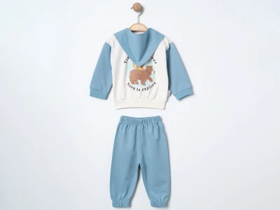 Toptan ÇITIR KİDS Sincap & Ayı Baskılı Fularlı Erkek Bebe Takım  MAVİ - Beniz Bebe