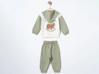 Toptan ÇITIR KİDS Sincap & Ayı Baskılı Fularlı Erkek Bebe Takım  HAKİ - Beniz Bebe