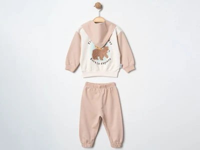 Toptan ÇITIR KİDS Sincap & Ayı Baskılı Fularlı Erkek Bebe Takım  BEJ - Beniz Bebe